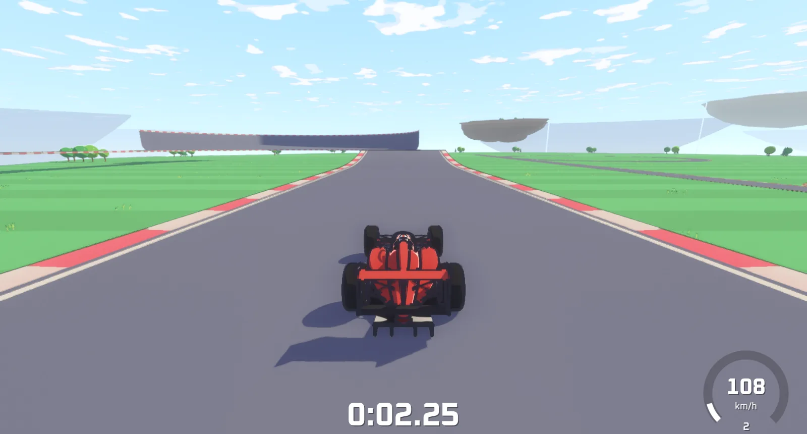 Chase view of the car on a kerbed straight, the clock at 2.25 s
